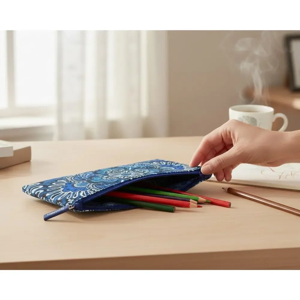 Vera Bradley Blue Paisley Double Sided Pencil Pouch Travel Makeup Bag Canvas